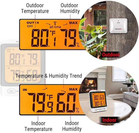 Thermo Pro Wireless Ψηφιακό Θερμόμετρo & Υγρασιόμετρo για Χρήση σε Εσωτερικό Χώρο