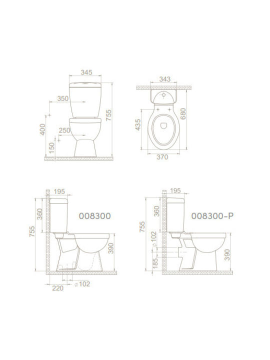 Cerastyle Ova Stehende Toilette Unterer Siphon mit Spülung Weiße