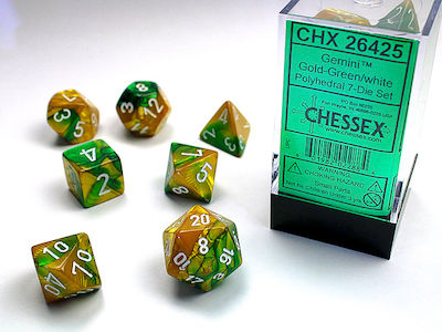 Chessex Gemini Polyhedral Dice 7-Die Set Gold-Green w/White 7pcs 26425