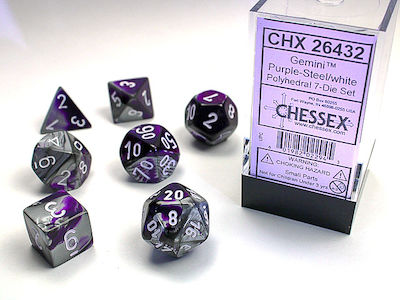 Chessex Gemini Polyhedral Dice 7-Die Set Purple-Steel/White 26432