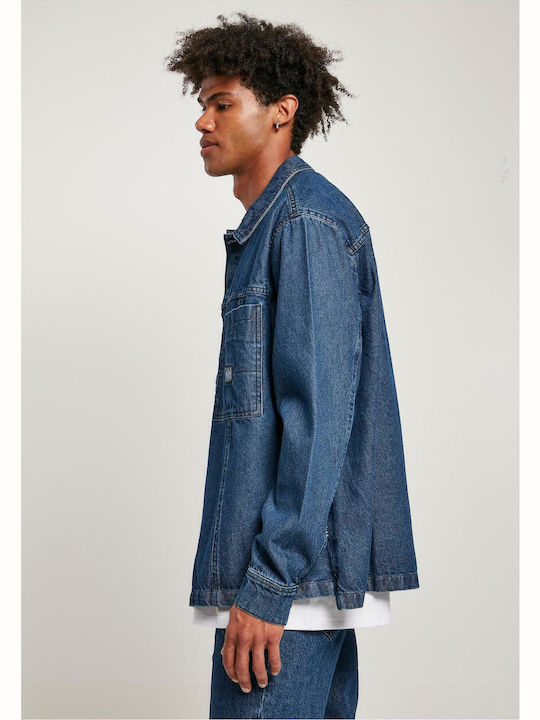 Long Sleeve Denim Overshirt in Wide Line Dark Blue Washed