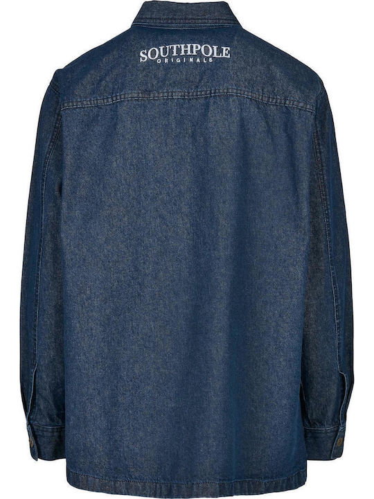 Long Sleeve Denim Overshirt in Wide Line Dark Blue Washed