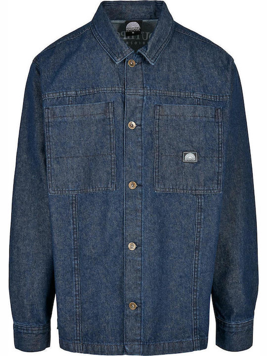 Long Sleeve Denim Overshirt in Wide Line Dark Blue Washed