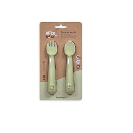 Interbaby Set de Linguri și Furculițe pentru Bebeluși din Silicon Verde Măsliniu 2 Bucăți