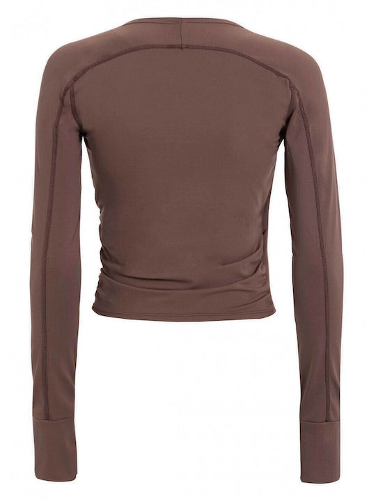 Winter Women's Cotton Blouse Long Sleeve with V Neckline Brown