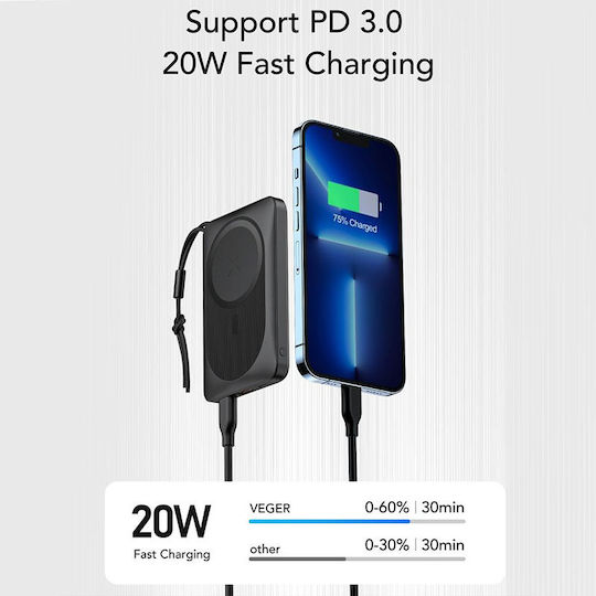Veger MagOn Baterie Externă Magnetică Wireless MagSafe 10000mAh 22.5W cu Port USB-A și Port USB-C Power Delivery / Quick Charge 3.0 Neagră
