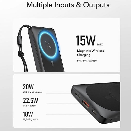 Veger MagOn Baterie Externă Magnetică Wireless MagSafe 10000mAh 22.5W cu Port USB-A și Port USB-C Power Delivery / Quick Charge 3.0 Neagră