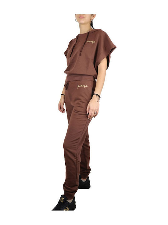 Women's Summer Crop Top Cotton Short Sleeve with Hood Coffee Brown