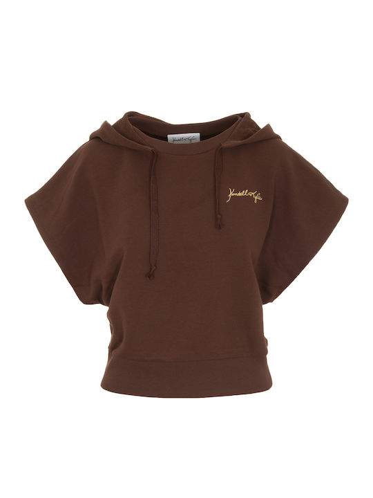 Women's Summer Crop Top Cotton Short Sleeve with Hood Coffee Brown