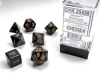 Chessex Opaque Polyhedral Dice Black with Gold 7pcs 25428