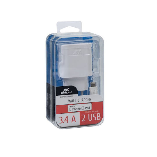 Rivacase Φορτιστής με 2 Θύρες USB-A και Καλώδιο Lightning Λευκός (VA4125 WD2)