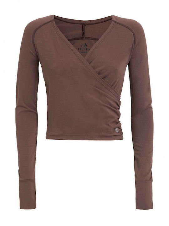 Winter Women's Cotton Blouse Long Sleeve with V Neckline Brown