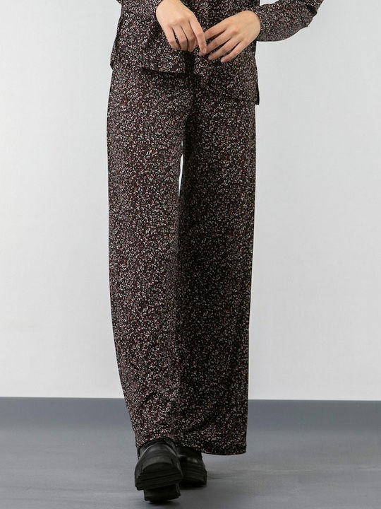 Simple Fashion Women's High Waist Crepe Trousers with Elastic Floral Bordeaux Floral