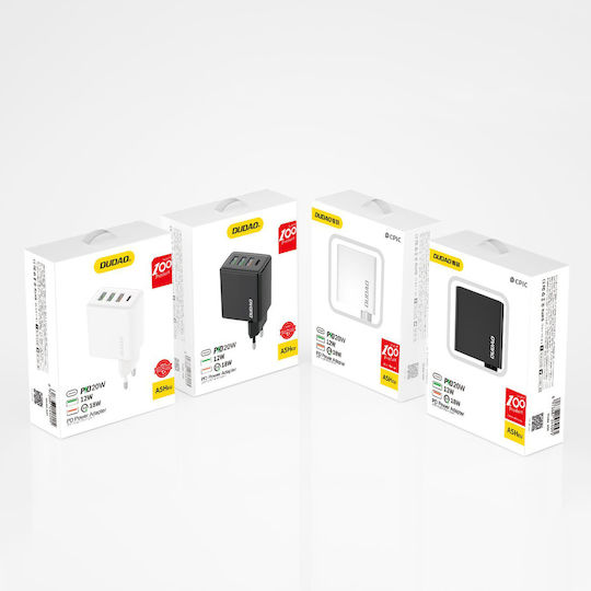 Dudao Mobile Phone Charger Without Cable with 3 USB-A Output Ports and 1 USB-C Output Port 20W Power Delivery / Quick Charge 3.0 White