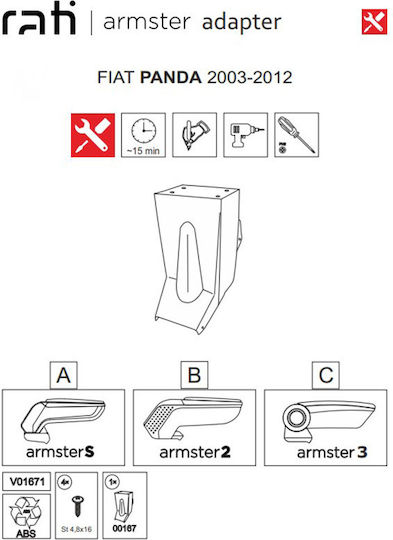 Rati Armster Car Armrest Mount for Fiat Panda 2003-2012 Black