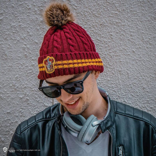 Harry Potter Gryffindor Pom Pom Beanie Frauen Beanie mit Strickmuster in Burgundisch Farbe