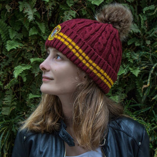 Harry Potter Gryffindor Pom Pom Beanie Frauen Beanie mit Strickmuster in Burgundisch Farbe