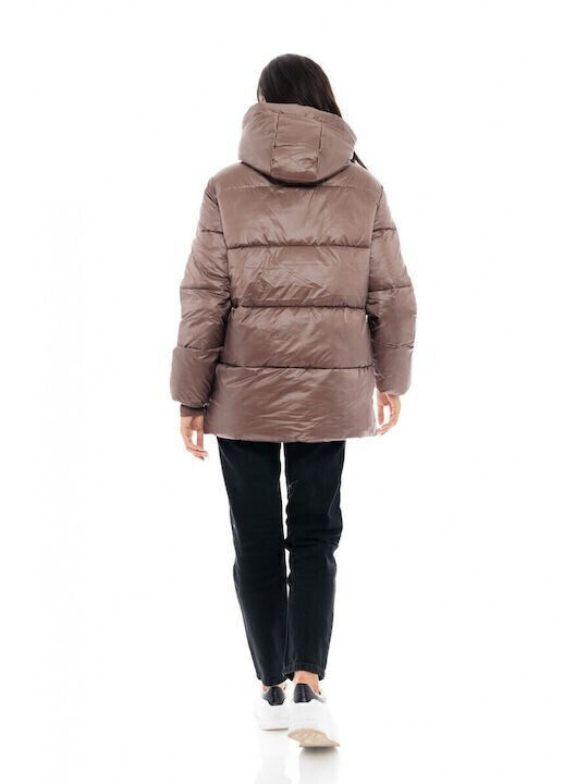 Women's Long Puffer Jacket for Winter with Hood Chocolate