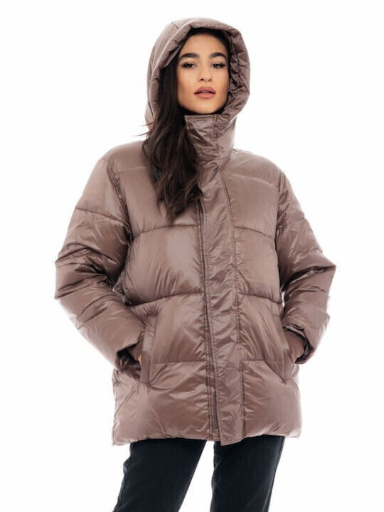 Women's Long Puffer Jacket for Winter with Hood Chocolate