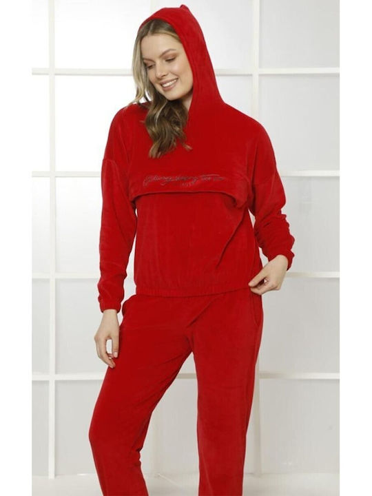 SNC WOMEN'S CHRISTMAS VELVET PYJAMA WITH EARRING AND POCKET (RED)