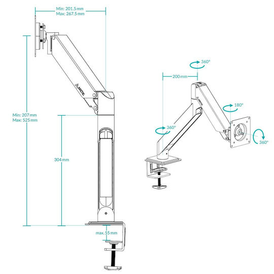 Arctic X1-3D Stand Desk Mounted Monitor up to 43" with Arm