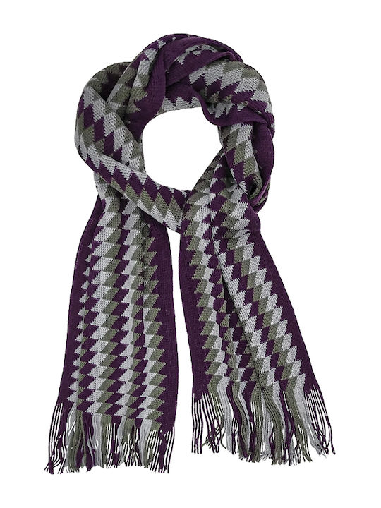 Scarf Men's knitted scarf with fringes tricolour Purple Grey Olive pattern lozenge code 3167