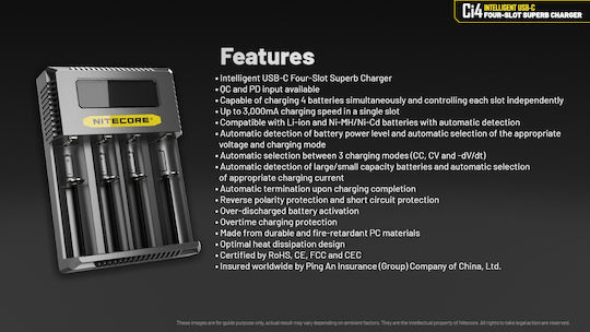 NiteCore Ci4 USB Charger 4 Batteries Li-ion Size AA/AAA/D/18650/16340/26650/14500