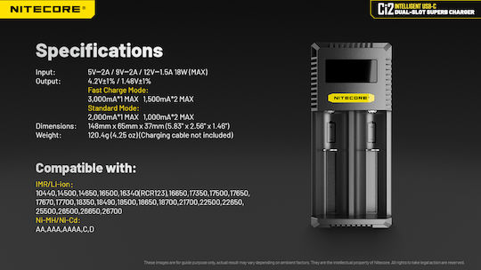 NiteCore Ci2 USB Φορτιστής 2 Μπαταριών Li-ion Μεγέθους AA/AAA/D/18650/16340