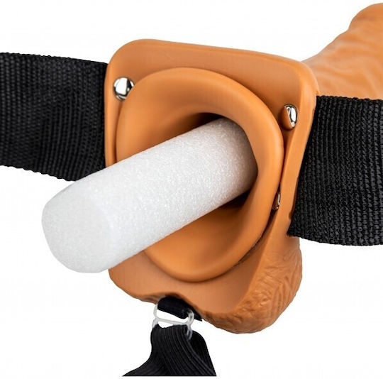 Shots Real Rock Hollow With Balls Gurtzeug mit Dildo 27cm und Vibration in Braun Farbe