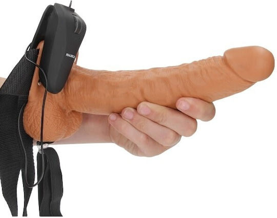 Shots Real Rock Hollow With Balls Gurtzeug mit Dildo 27cm und Vibration in Braun Farbe