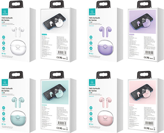 Usams US-BU12 Earbud Bluetooth Handsfree Ακουστικά με Θήκη Φόρτισης Ροζ