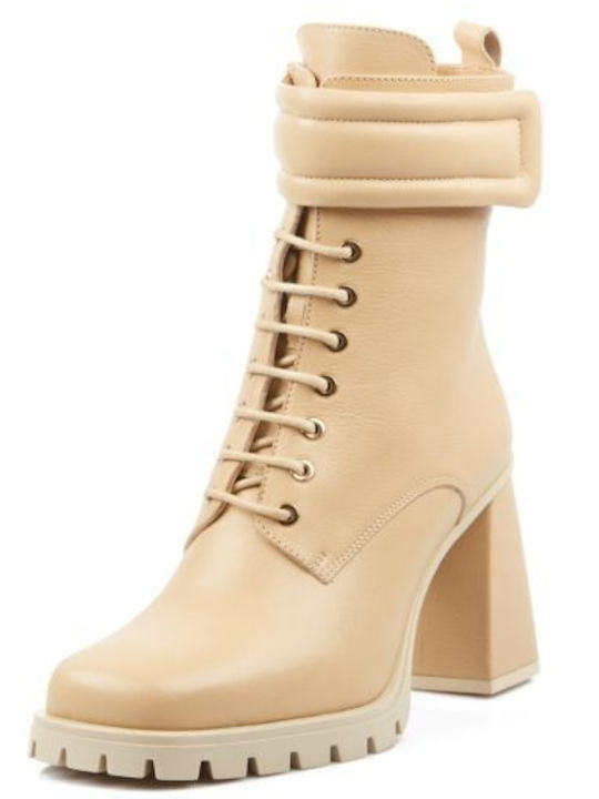 Fardoulis Leather Women's Ankle Boots with High Heel Beige