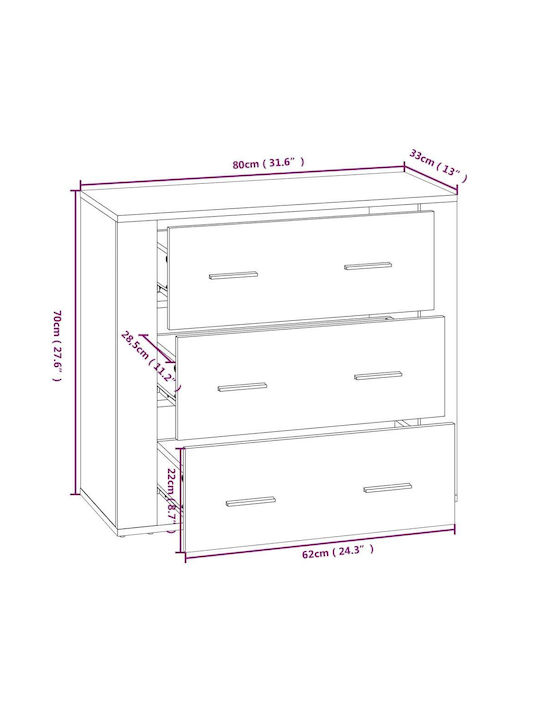 Wooden Chest of Drawers with 3 Drawers White 80x33x70cm