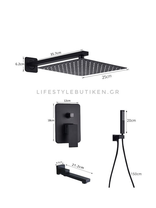 Naron Built-in Mixer, Hand Shower & Shower Head Set for Shower 3 Exits Black