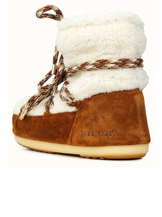 Suede Snow Boots with Laces & Fur Light Low Shearling Beige
