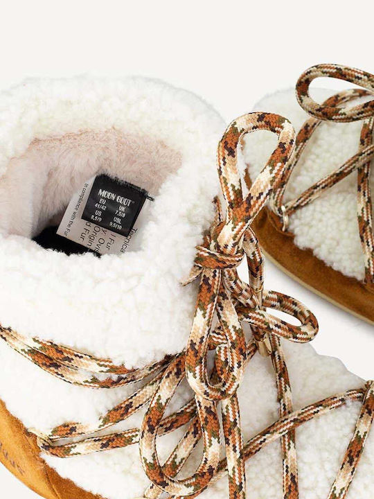 Suede Snow Boots with Laces & Fur Light Low Shearling Beige