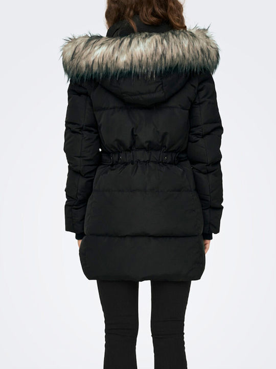 Only Women's Short Puffer Jacket for Winter with Hood Black