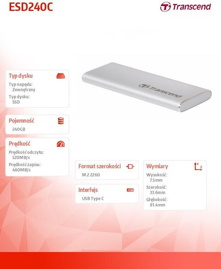 Transcend ESD240C USB 3.1 Εξωτερικός SSD 240GB M.2 Ασημί
