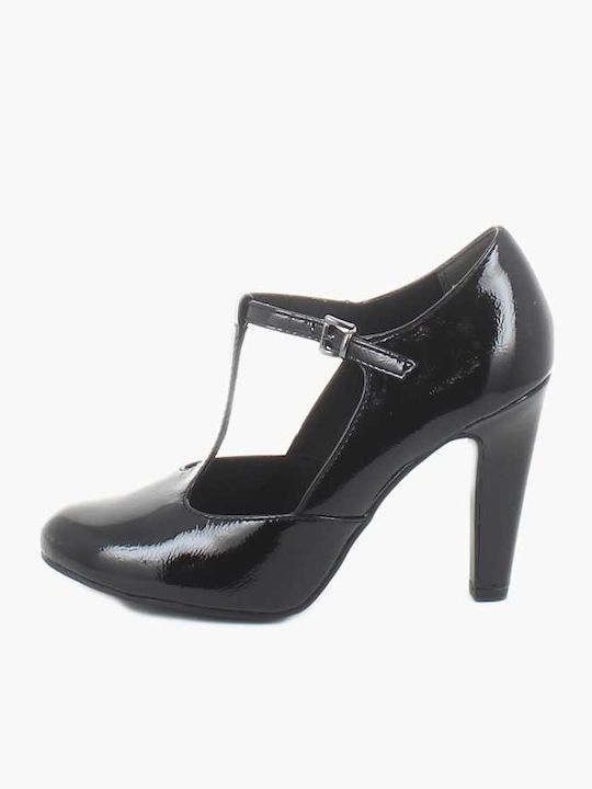 Marco Tozzi Patent Leather Pointed Toe Black Heels with Strap