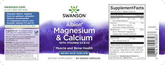 Swanson Chelated Magnesium & Calcium with Vitamins D3 & K2 90 veg. Kappen