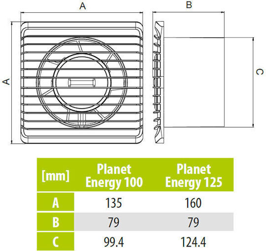 AirRoxy Planet Energy 100 HS Επιτοίχιος Εξαεριστήρας Μπάνιου 100mm Λευκός