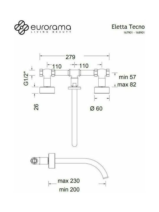 Eurorama Eletta Tecno Built-in Mixer & Spout Set for for Bathroom Sink 1 Exit Black Matt