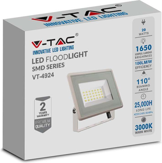 V-TAC Αδιάβροχος LED Προβολέας 20W Топло бяло 3000К IP65