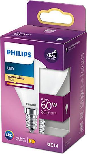 Philips LED Bulb 6.5W 80mm for Socket E14 Warm White 806lm