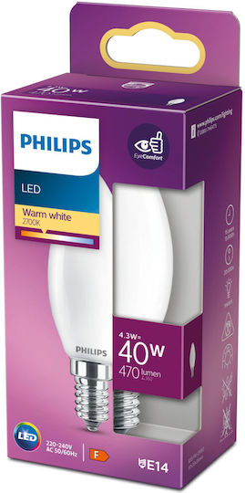 Philips Bec LED 4.3W pentru Soclu E14 și Formă B35 Alb cald 470lm