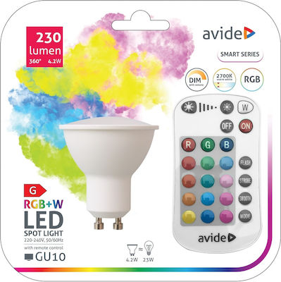 Avide ASGU10RGBW-4.2W-RC Bec inteligent LED 4.2W pentru Soclu GU10 RGBW 230lm Reglabil în intensitate