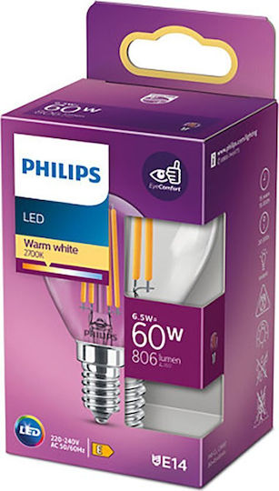 Philips LED Bulb 6.5W 80mm for Socket E14 and Shape P45 Warm White 806lm