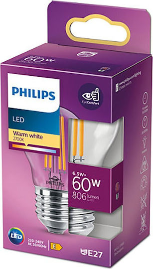 Philips LED Bulb 6.5W 78mm for Socket E27 and Shape P45 Warm White 806lm