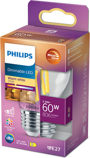 Philips LED Bulb 5.9W 78mm for Socket E27 and Shape P45 Warm White 806lm