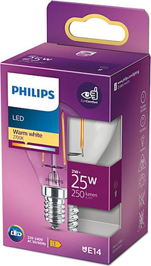 Philips LED Bulb 2W 82mm for Socket E14 and Shape P45 Warm White 250lm